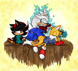 Size: 800x727 | Tagged: safe, artist:7goodangel, miles "tails" prower, shadow the hedgehog, silver the hedgehog, sonic the hedgehog, fox, hedgehog, black fur, blue fur, boots, eyes closed, grey fur, male, orange fur, red eyes, red fur, shoes, sleeping, socks, sweater
