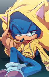 Size: 502x782 | Tagged: safe, artist:root8beat, sonic the hedgehog, hedgehog, blue fur, green eyes, hood, hood up, hoodie, male, shoes, socks, tongue out