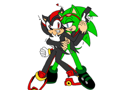 Size: 900x660 | Tagged: safe, artist:noooonswing, scourge the hedgehog, shadow the hedgehog, hedgehog, black fur, blue eyes, gay, glasses, glasses on head, gloves, green fur, gun, heart, jacket, male, red eyes, red fur, scars, shadourge, shipping, shoes, sunglasses