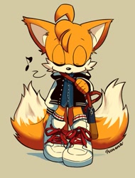 Size: 345x454 | Tagged: safe, artist:nonananana, miles "tails" prower, fox, bag, eyes closed, jacket, male, musical notes, orange fur, shirt, shoes, sneakers, socks