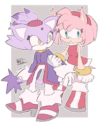 Size: 570x700 | Tagged: safe, artist:uniplantiso, amy rose, blaze the cat, cat, hedgehog, 2020, amy x blaze, amy's halterneck dress, blaze's tailcoat, cute, female, females only, hand on arm, lesbian, looking back, shipping