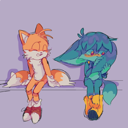 Size: 1280x1280 | Tagged: safe, artist:s1llycilantro, kit the fennec, miles "tails" prower, fox, blushing, duo, eyes closed, female, fennec, holding ear, looking away, male, nervous, purple background, shoelaces, shy, simple background, sitting, sketch, smile, trans female, transgender
