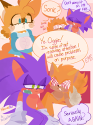 Size: 1524x2048 | Tagged: safe, artist:emenens, miles "tails" prower, sonic the hedgehog, fox, hedgehog, abstract background, alternate universe, bandaid, blushing, dialogue, dress, duality, duo, english text, eyelashes, fanfiction art, female, fleetway super sonic, frown, lidded eyes, male, no outlines, self paradox, sitting, speech bubble, super form, trans female, trans male, transgender