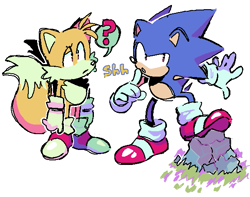 Size: 599x473 | Tagged: safe, artist:notnaruse, miles "tails" prower, sonic the hedgehog, fox, hedgehog, classic sonic, classic tails, confused, duo, frown, grass, looking offscreen, male, males only, ms paint, outdoors, question mark, rock, shooshing, simple background, standing on something, white background