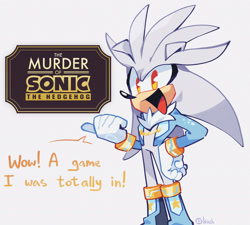 Size: 2048x1843 | Tagged: safe, artist:olivashko, silver the hedgehog, hedgehog, the murder of sonic the hedgehog, dialogue, english text, floppy ears, grey background, jacket, logo, male, pointing, signature, simple background, smile, solo, standing