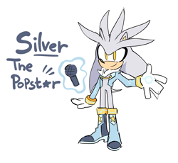 Size: 1791x1649 | Tagged: safe, artist:olivashko, silver the hedgehog, hedgehog, the murder of sonic the hedgehog, character name, english text, male, microphone, popstar, simple background, smile, solo, standing, telekinesis, white background