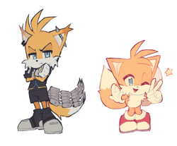 Size: 1163x961 | Tagged: safe, artist:bloodshot121, miles "tails" prower, nine, fox, sonic prime, arms folded, duality, ear piercing, frown, male, simple background, smile, solo, standing, star (symbol), white background, wink