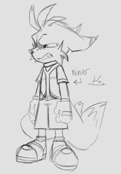Size: 1420x2048 | Tagged: safe, artist:fleshbook, miles "tails" prower, nine, fox, sonic prime, annoyed, clenched teeth, english text, floppy ears, grey background, line art, looking offscreen, male, simple background, solo, standing