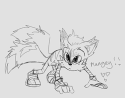 Size: 2048x1602 | Tagged: safe, artist:fleshbook, mangey, miles "tails" prower, fox, sonic prime, all fours, character name, english text, frown, grey background, heart, line art, looking offscreen, male, simple background, solo, standing