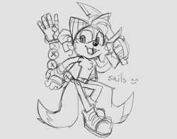 Size: 2048x1602 | Tagged: safe, artist:fleshbook, miles "tails" prower, sails, fox, sonic prime, character name, english text, grey background, holding something, line art, looking offscreen, male, mouth open, simple background, smile, solo, standing, sword