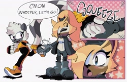 Size: 4096x2662 | Tagged: safe, artist:eltravinjo, tangle the lemur, whisper the wolf, blushing, comic, dialogue, english text, holding hands, lesbian, loading icon, one fang, sfx, shipping, surprised, tangle x whisper