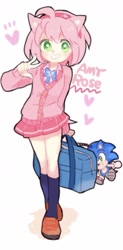 Size: 797x1621 | Tagged: artist needed, safe, amy rose, sonic the hedgehog, hedgehog, human, bag, blazer, bowtie, female, green eyes, hearts, humanized, kneehighs, loafers, male, pink hair, shirt, shoes, skirt, smile, smiling, socks, stuffed animal