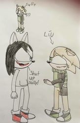 Size: 722x1106 | Tagged: safe, artist:noooonswing, blue eyes, coat, creepypasta, green eyes, homicidal liu, hoodie, jeff the killer, male, mobianified, scarf, scars, shoes, socks, traditional media