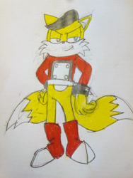 Size: 774x1032 | Tagged: safe, artist:theoneandonlycactus, miles (anti-mobius), fox, blue eyes, boots, male, spiked bracelet, sweater, yellow fur