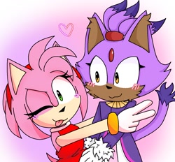Size: 1361x1262 | Tagged: safe, artist:littlemercyyy, amy rose, blaze the cat, cat, hedgehog, 2023, amy x blaze, amy's halterneck dress, blaze's tailcoat, cute, female, females only, heart, lesbian, one eye closed, shipping, tongue out