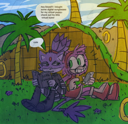 Size: 540x522 | Tagged: safe, artist:lamezone, amy rose, blaze the cat, cat, hedgehog, 2017, amy x blaze, amy's halterneck dress, book, cute, english text, female, females only, goth, goth outfit, lesbian, looking back at them, phone, rings, shipping