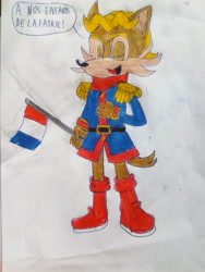 Size: 774x1032 | Tagged: safe, artist:theoneandonlycactus, antoine d'coolette, coyote, antoine's uniform, belt, boots, brown fur, country flag, eyes closed, flag, french flag, french text, jacket, male