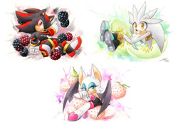 Size: 1072x745 | Tagged: safe, artist:finikart, rouge the bat, shadow the hedgehog, silver the hedgehog, abstract background, blackberry, fruit, honeydew melon, looking at something, looking at viewer, pineberry, trio