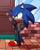 Size: 600x750 | Tagged: safe, artist:root8beat, sonic the hedgehog, hedgehog, black gloves, blue fur, clothes, coat, door, gloves, green eyes, hand in pocket, male, pants, scarf, shirt, shoes, solo
