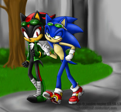 Size: 800x738 | Tagged: safe, artist:blizzardwolf, shadow the hedgehog, sonic the hedgehog, hedgehog, black fur, blue fur, boots, fingerless gloves, gloves, goggles, goggles on head, green eyes, jacket, male, red eyes, red fur, shoes, socks