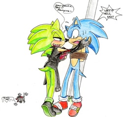 Size: 918x871 | Tagged: safe, artist:missydischa, scourge the hedgehog, shadow the hedgehog, sonic the hedgehog, hedgehog, black fur, blue fur, bondage, fingerless gloves, gay, gloves, green eyes, green fur, jacket, jealously, male, proposal, red eyes, red fur, rope, shadow x sonic, sharp teeth, shipping, shipping denied, shoes, socks, sonourge, tied up, wedding ring