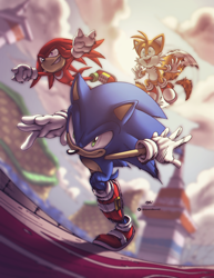 Size: 3825x4950 | Tagged: safe, artist:speendlexmk2, artist:yardleyart, knuckles the echidna, miles "tails" prower, sonic the hedgehog, sonic heroes, 2021, abstract background, clouds, color edit, edit, flying, gliding, looking ahead, ocean palace, running, smile, spinning tails, team sonic, trio