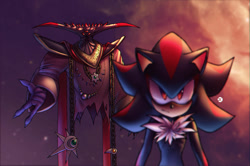 Size: 1280x849 | Tagged: safe, artist:speendlexmk2, black doom, shadow the hedgehog, hedgehog, 2020, abstract background, alien, duo, frown, redraw, shadow the hedgehog (video game), standing