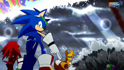 Size: 3840x2160 | Tagged: safe, artist:frankwolf14, jet the hawk, knuckles the echidna, miles "tails" prower, sonic the hedgehog, storm the albatross, wave the swallow, 2023, abstract background, babylon rogues, female, goggles, group, male, riders style, smile, sonic riders, standing, sunglasses, waves