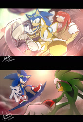 Size: 1210x1780 | Tagged: safe, artist:aikutalk, jet the hawk, knuckles the echidna, miles "tails" prower, sonic the hedgehog, sonic riders: zero gravity, 2019, abstract background, extreme gear, fake screenshot, group, redraw, riders style, signature