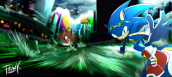 Size: 6250x2800 | Tagged: safe, artist:frankwolf14, knuckles the echidna, miles "tails" prower, sonic the hedgehog, 2021, abstract background, building, extreme gear, looking at viewer, redraw, riders style, signature, smile, sonic riders, team sonic, water