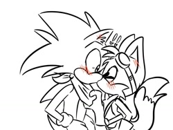 Size: 1024x768 | Tagged: safe, artist:furrymilo4756, miles "tails" prower, sonic the hedgehog, fox, hedgehog, 2023, black and white, blushing, blushing ears, duo, exclamation mark, eyes closed, gay, kiss, line art, looking at them, male, males only, shipping, simple background, sonic boom (tv), sonic x tails, standing, white background
