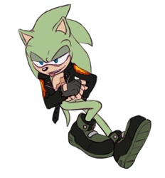 Size: 540x583 | Tagged: artist needed, safe, scourge the hedgehog, hedgehog, blue eyes, fingerless gloves, gloves, green fur, jacket, male, scars, shoes, tongue out