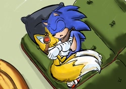 Size: 2048x1449 | Tagged: safe, artist:furrymilo4756, miles "tails" prower, sonic the hedgehog, fox, hedgehog, 2023, abstract background, couch, duo, eyes closed, gay, indoors, male, males only, redraw, shipping, sketch, snuggling, sofa, sonic boom (tv), sonic x tails