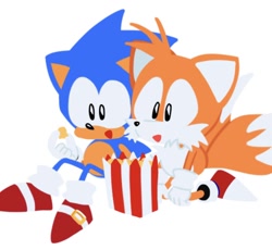 Size: 828x762 | Tagged: safe, artist:sontaiis, miles "tails" prower, sonic the hedgehog, 2023, duo, gay, kneeling, lineless, looking ahead, no outlines, popcorn, shipping, simple background, smile, sonic x tails, white background