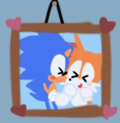 Size: 441x454 | Tagged: safe, artist:sontaiis, miles "tails" prower, sonic the hedgehog, 2023, blue background, blushing, cute, duo, eyes closed, gay, heart, kiss on cheek, picture frame, shipping, simple background, smile, sonabetes, sonic x tails, tailabetes