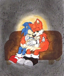 Size: 765x908 | Tagged: safe, artist:riverbanks, miles "tails" prower, sonic the hedgehog, 2009, abstract background, black shoes, couch, cuddling, duo, eyes closed, gay, lidded eyes, looking at them, older, shipping, sitting, smile, sofa, sonic x tails
