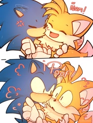 Size: 1536x2048 | Tagged: safe, artist:tetsuchibimori, miles "tails" prower, sonic the hedgehog, 2023, blushing, classic sonic, classic tails, cross popping vein, cute, duo, eyes closed, gay, holding each other, kiss on cheek, looking at each other, modern sonic, modern tails, sfx, shipping, smile, sonabetes, sonic x tails, tailabetes