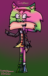 Size: 348x550 | Tagged: safe, artist:zonic-needs-a-xanax, rosy the rascal, scourge the hedgehog, hedgehog, asymmetrical footwear, asymmetrical legwear, blue eyes, female, fingerless gloves, fusion, glasses, glasses on head, gloves, green eyes, green fur, jacket, male, pink fur, scars, sharp teeth, shoes, single sock, single thighhigh, skirt, sneakers, sunglasses, tongue out