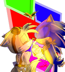 Size: 640x717 | Tagged: safe, artist:mayle2004, miles "tails" prower, sonic the hedgehog, duo, eyes closed, floppy ears, gay, mistletoe, nose boop, noses are touching, semi-transparent background, shipping, signature, smile, sonic boom (tv), sonic x tails, standing
