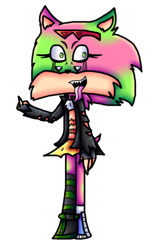 Size: 348x550 | Tagged: safe, artist:zonic-needs-a-xanax, rosy the rascal, scourge the hedgehog, hedgehog, asymmetrical footwear, asymmetrical legwear, blue eyes, female, fingerless gloves, fusion, glasses, glasses on head, gloves, green eyes, green fur, jacket, male, pink fur, scars, sharp teeth, shoes, single sock, single thighhigh, skirt, sneakers, sunglasses, tongue out