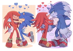 Size: 1168x822 | Tagged: safe, artist:sk_rokuro, knuckles the echidna, sonic the hedgehog, 2023, abstract background, blushing, cute, gay, heart, holding them, hugging, knucklebetes, knuxonic, male, males only, one fang, shipping, smile, sonabetes, standing, wagging tail, werehog