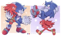 Size: 1308x798 | Tagged: safe, artist:sk_rokuro, knuckles the echidna, sonic the hedgehog, 2023, abstract background, blushing, carrying them, duo, gay, hands together, heart, knucklebetes, knuxonic, running, shipping, smile, sonabetes, sparkles, standing, surprised, werehog