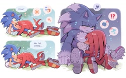 Size: 1429x893 | Tagged: safe, artist:sk_rokuro, knuckles the echidna, sonic the hedgehog, 2023, abstract background, blushing, cute, daytime, dialogue, duo, english text, exclamation mark, eyes closed, gay, grass, heart, hugging, knuxonic, lidded eyes, nighttime, outdoors, question mark, shipping, sitting, sleeping, sniffing, speech bubble, sweatdrop, wagging tail, werehog