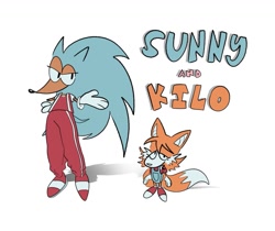 Size: 1297x1087 | Tagged: safe, artist:huhermm, miles "tails" prower, sonic the hedgehog, oc, oc:kilo "tails" prower, oc:sunny the hedgehog, fox, hedgehog, 2023, character name, clothes, duo, english text, female, females only, gender swap, lidded eyes, simple background, standing, white background