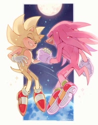 Size: 1005x1276 | Tagged: safe, artist:sk_rokuro, knuckles the echidna, sonic the hedgehog, super knuckles, super sonic, 2023, abstract background, blushing, eyes closed, flying, gay, holding hands, knucklebetes, knuxonic, moon, nighttime, outdoors, shipping, smile, sonabetes, sparkles, star (sky), super form