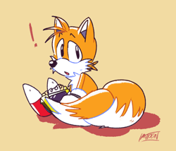 Size: 700x600 | Tagged: safe, artist:artisyone, miles "tails" prower, 2023, :o, classic tails, exclamation mark, holding something, looking back at viewer, male, miles electric, mouth open, signature, simple background, sitting, solo, yellow background