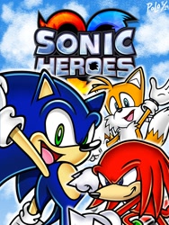 Size: 900x1200 | Tagged: safe, artist:therealpoloblue, knuckles the echidna, miles "tails" prower, sonic the hedgehog, sonic heroes, 2023, box art, clouds, english text, logo, looking at viewer, redraw, signature, smile, team sonic, uekawa style