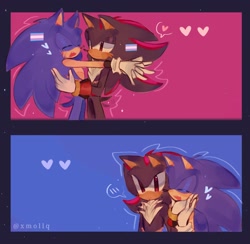 Size: 2048x1998 | Tagged: safe, artist:xmollq, shadow the hedgehog, sonic the hedgehog, 2023, abstract background, blushing, cheek fluff, cute, duo, eyes closed, frown, gay, heart, hugging, lidded eyes, shadow (lighting), shadow x sonic, shadowbetes, shipping, smile, sonabetes, standing, trans male, trans pride, transgender