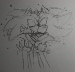 Size: 2048x1964 | Tagged: safe, artist:jogurt309, shadow the hedgehog, sonic the hedgehog, 2023, blushing, duo, eyes closed, gay, heart, holding each other, kiss, pencilwork, shadow x sonic, shipping, traditional media, wagging tail