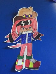 Size: 774x1032 | Tagged: safe, artist:justblaze03, knuckles the echidna, echidna, fingerless gloves, glasses, glasses on head, gloves, hat, jacket, male, purple eyes, red fur, shoes, sunglasses